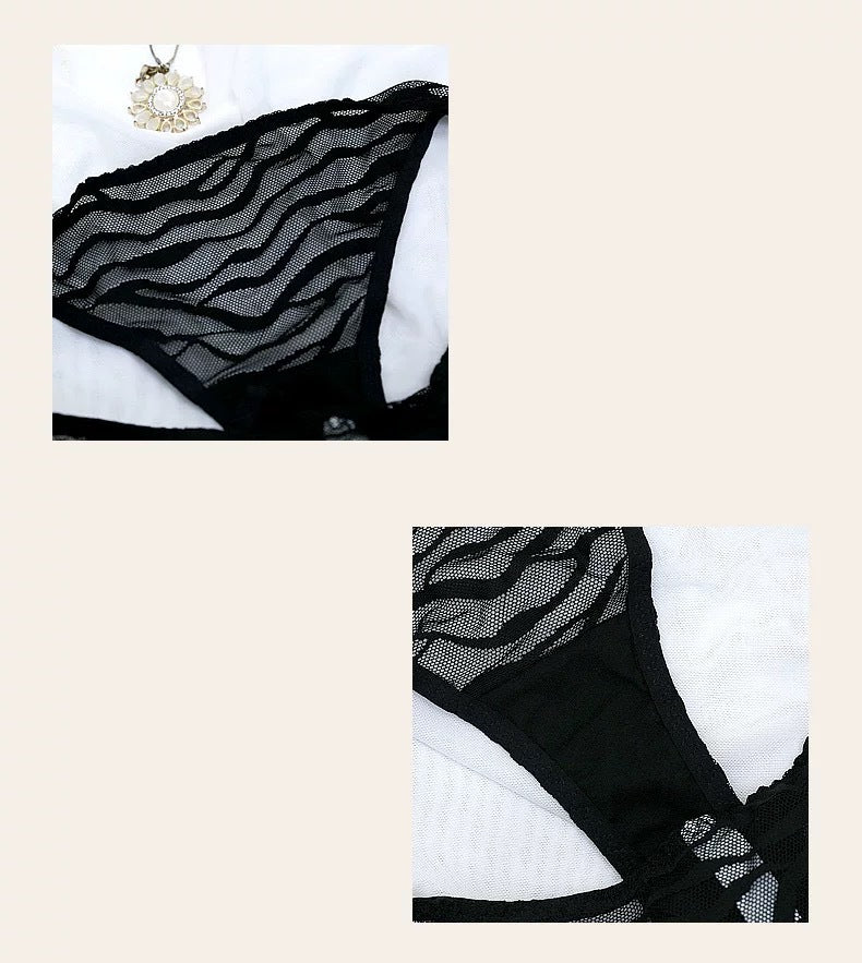 Black wavy mesh plunge bra and matching underwear set, close-up