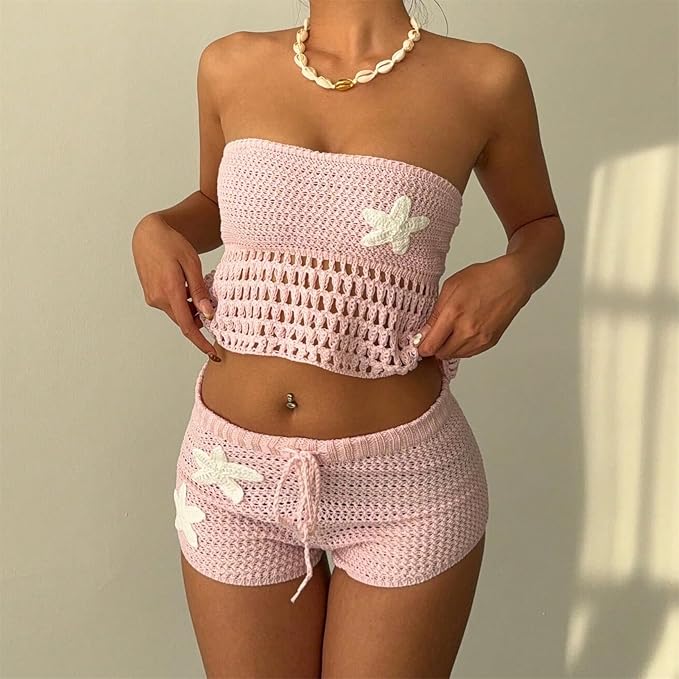 Crochet Tube Top and Shorts Set - Drawstring Two-Piece
