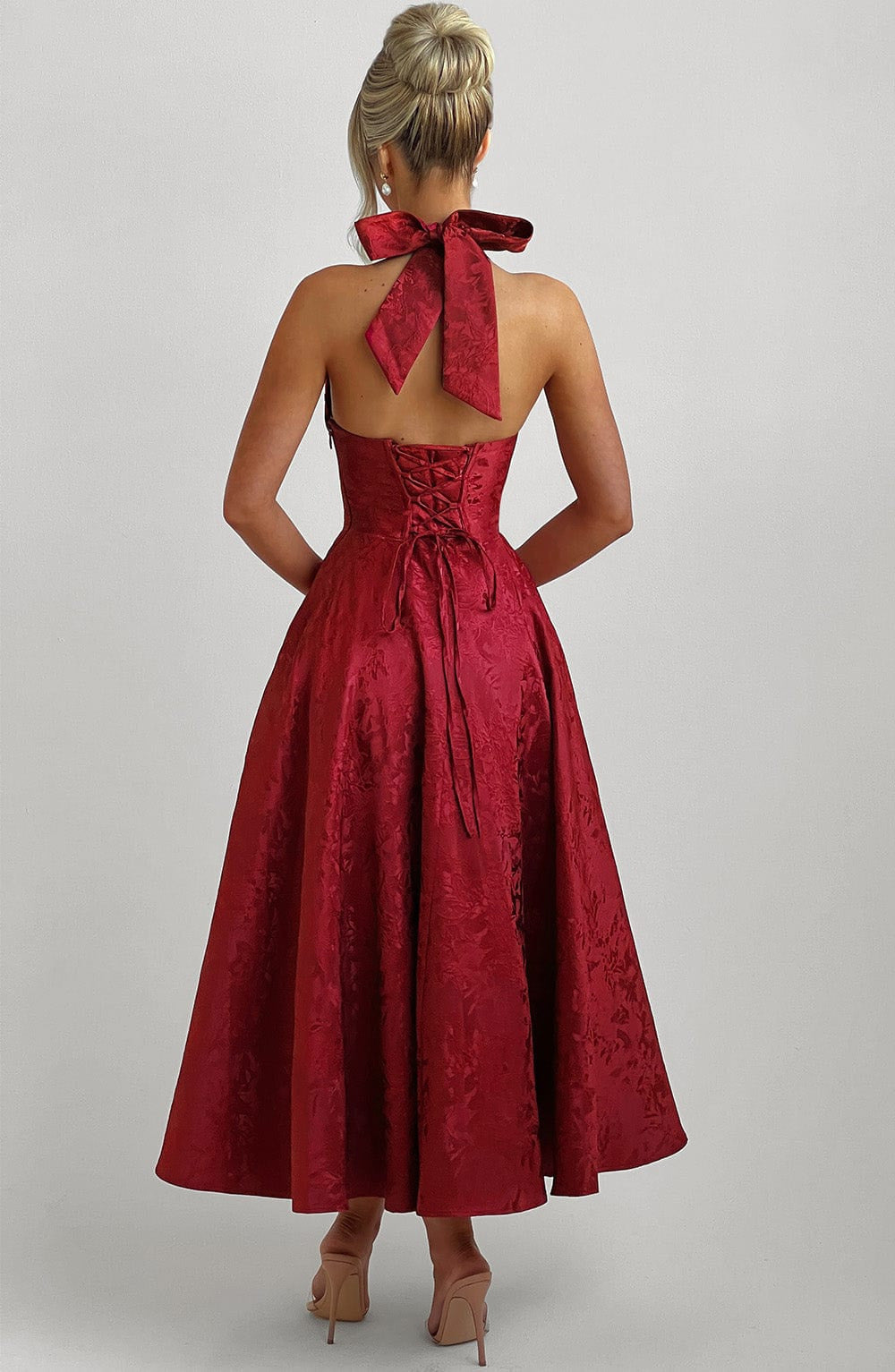 Jacquard Halter Midi Dress - Deep V Corset Waist A-Line Skirt