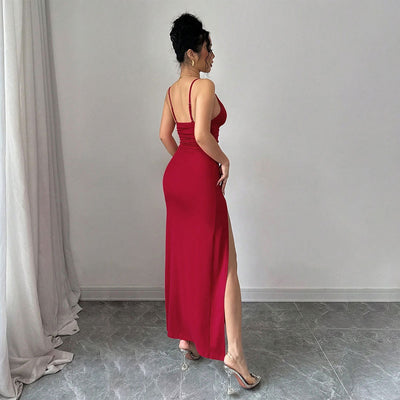 Red Spaghetti Strap Maxi Dress - Deep V Ruched Slit