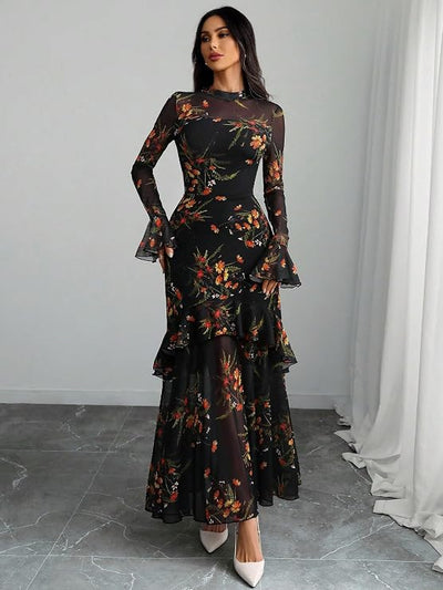 Mermaid Maxi Dress - Floral Print Flounce Sleeve