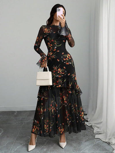 Mermaid Maxi Dress - Floral Print Flounce Sleeve
