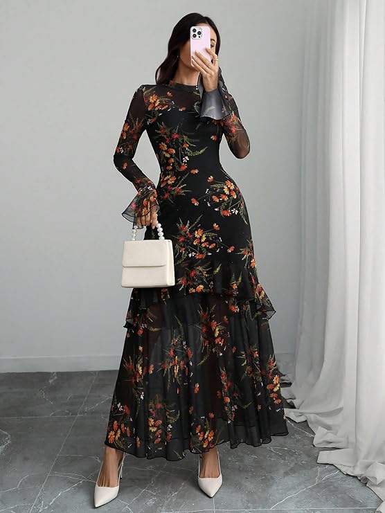 Mermaid Maxi Dress - Floral Print Flounce Sleeve