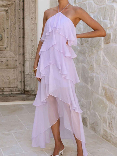 Tiered Ruffle Halter Midi Dress - Layered Flowy Style