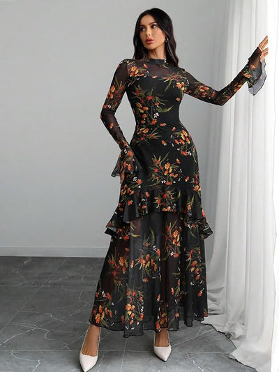 Mermaid Maxi Dress - Floral Print Flounce Sleeve