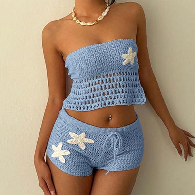 Crochet Tube Top and Shorts Set - Drawstring Two-Piece