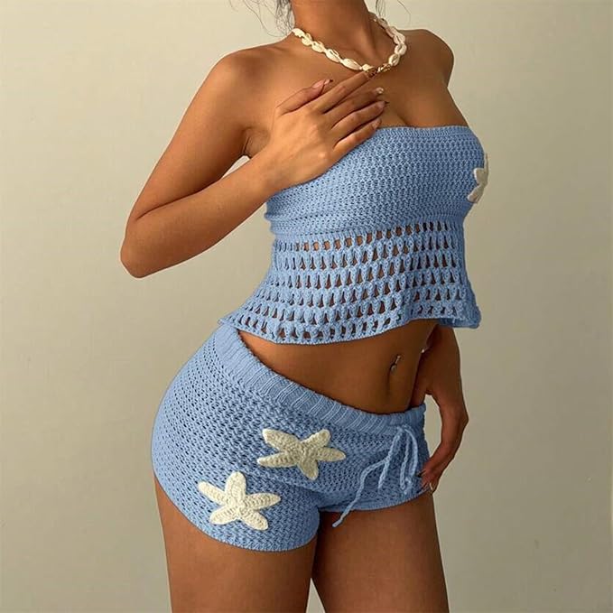 Crochet Tube Top and Shorts Set - Drawstring Two-Piece