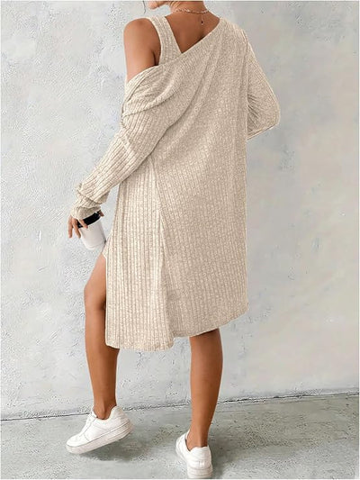 Ribbed Knit Tank Mini Dress and Cardigan Set