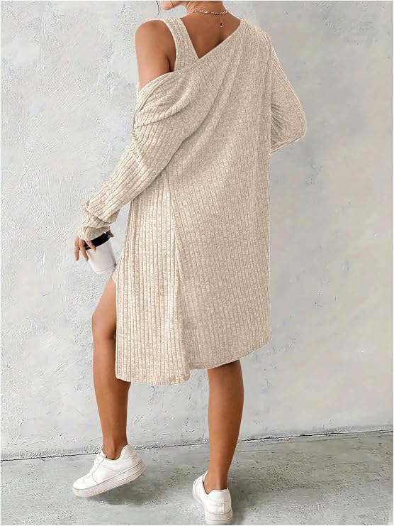 Ribbed Knit Tank Mini Dress and Cardigan Set