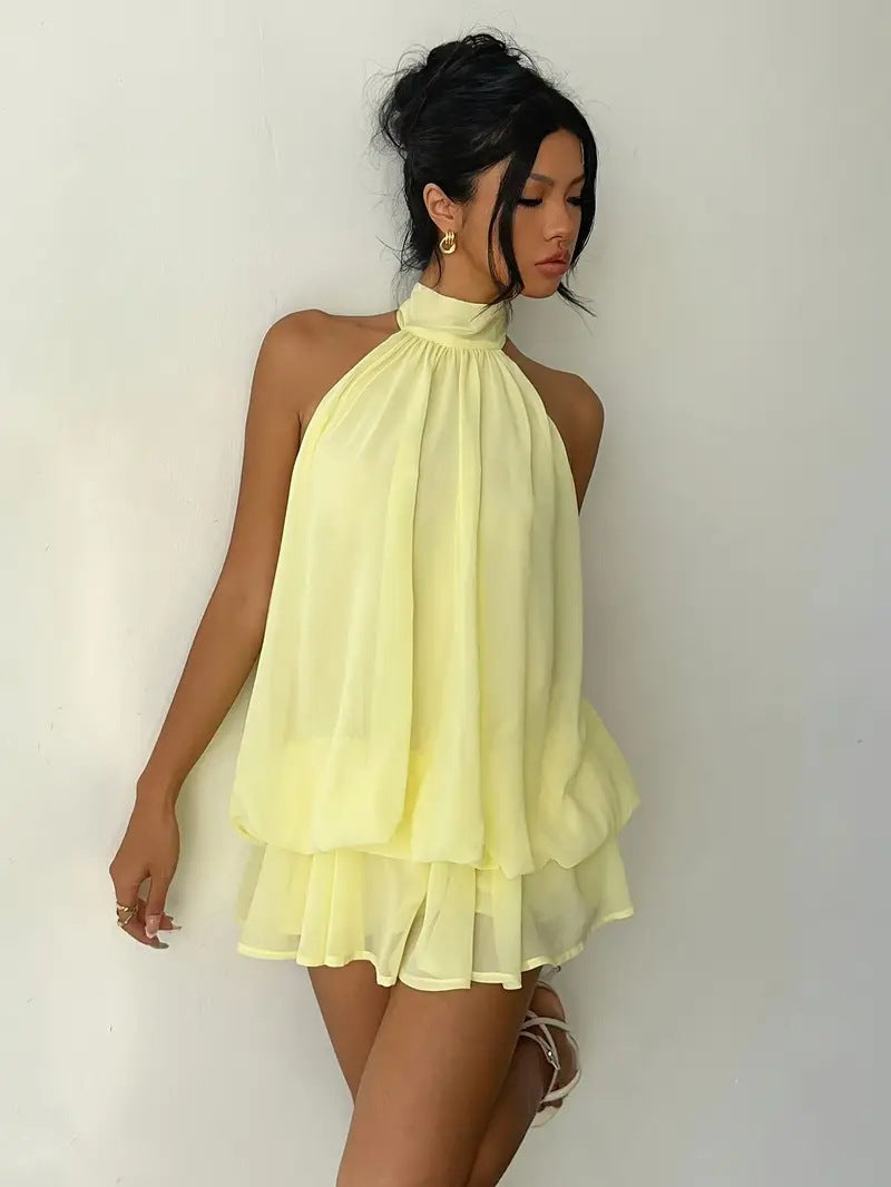 Backless Halter Neck Tiered Mini Dress - Chiffon Vacation Dress