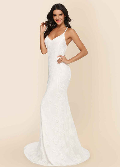 V-Neck Wedding Dress - Elegant Trailing Bridal Gown - Fashions Envy