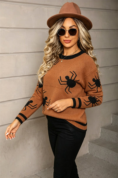 Halloween Spider Knit Sweater - Striped Ribbed Crewneck