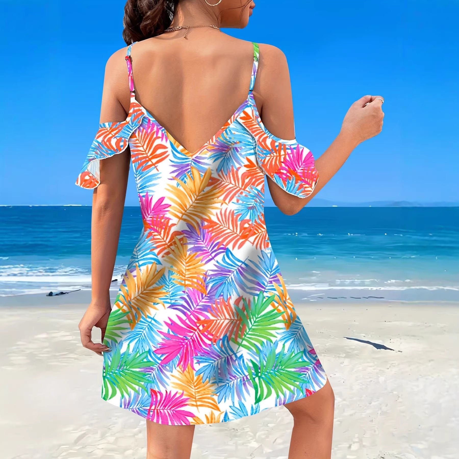 Summer Tropical Print Mini Dress - Halter Off-Shoulder