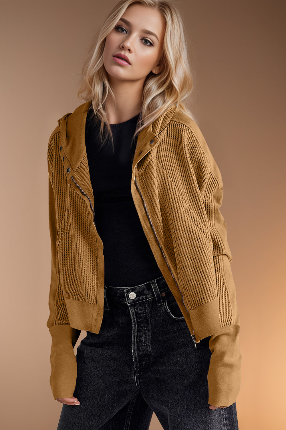 Double Take Waffle-Knit Zip Up Long Sleeve Hooded Jacket - Fashions Envy