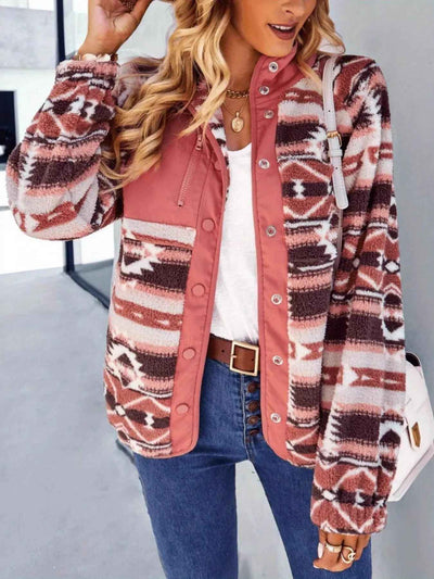 Aztec Print Fleece Jacket - Snap-Down Southwestern Style - Fashions Envy