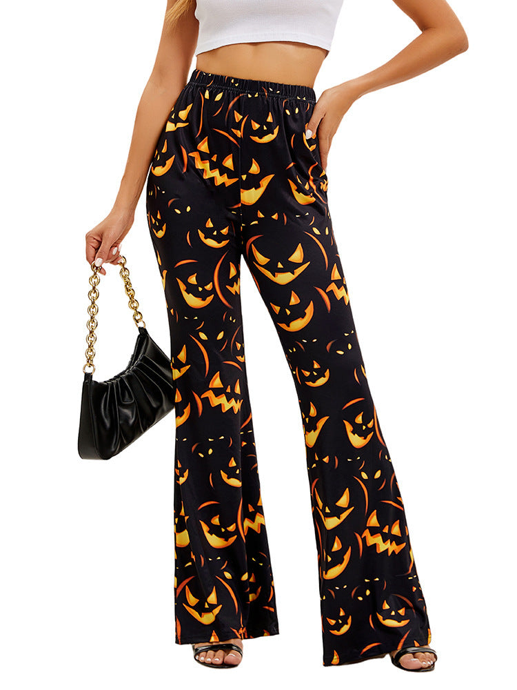 Women's Halloween flared trousers with orange jack-o-lantern and bat graphic, elastic waist
