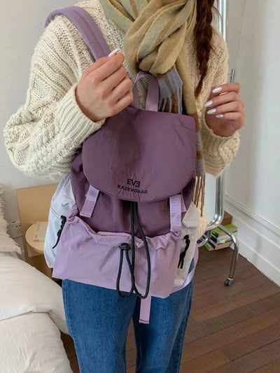 Drawstring Backpack Bag - Purple Color Block Nylon Style
