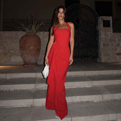 Elegant Three-dimensional Flower Maxi Dress - Sleeveless Halter