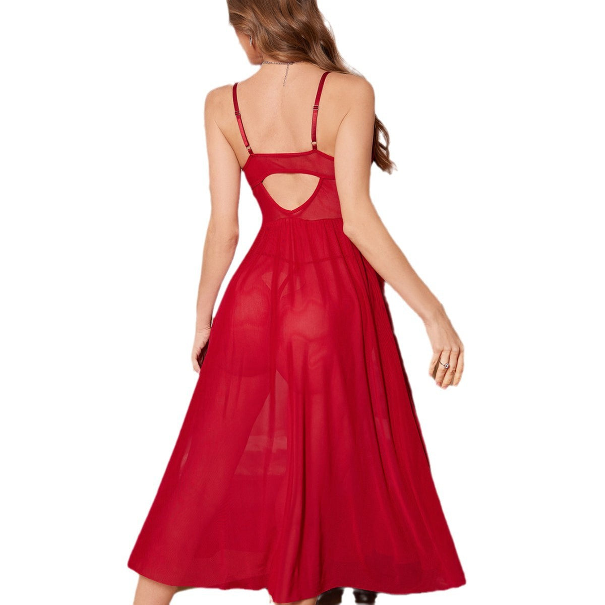 Red mesh nightgown with V-back cutout and lace spaghetti straps