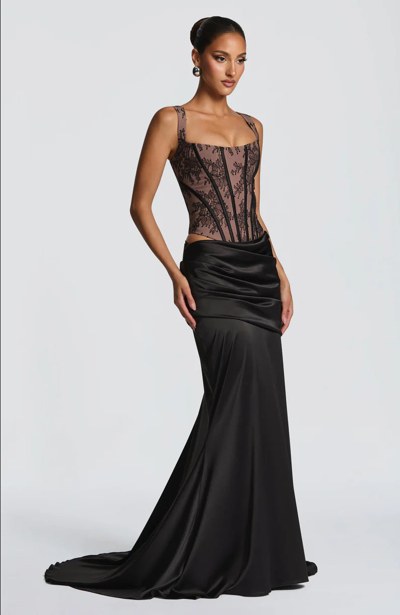 Lace Corset Top and Maxi Skirt Set - Ruched Satin-Look Finish