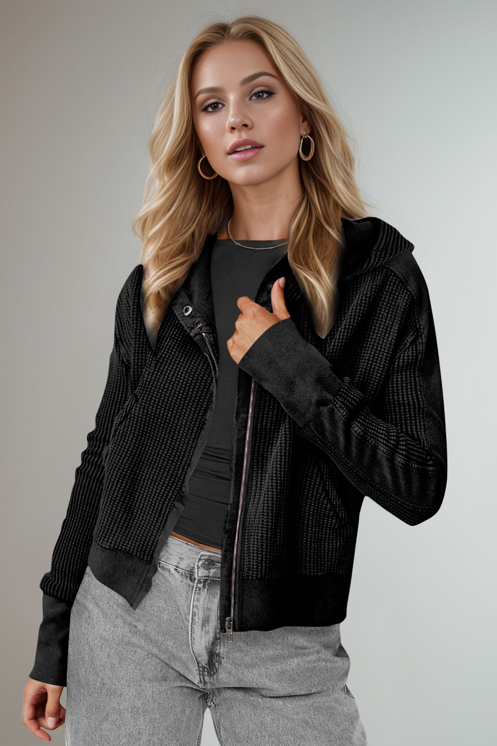 Double Take Waffle-Knit Zip Up Long Sleeve Hooded Jacket - Fashions Envy