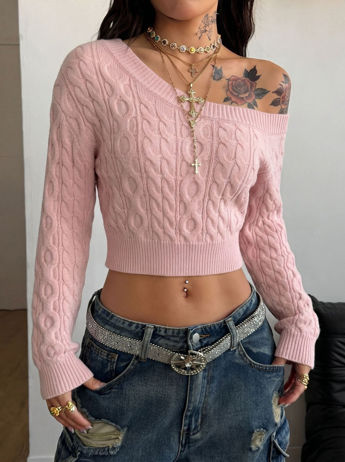 Pink Off-Shoulder Crop Sweater - Cable Knit Ribbed Trim