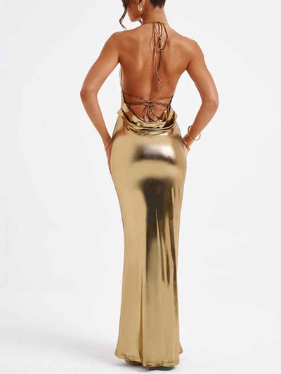 Ruched Halter Maxi Dress - Backless Tied Metallic Gown