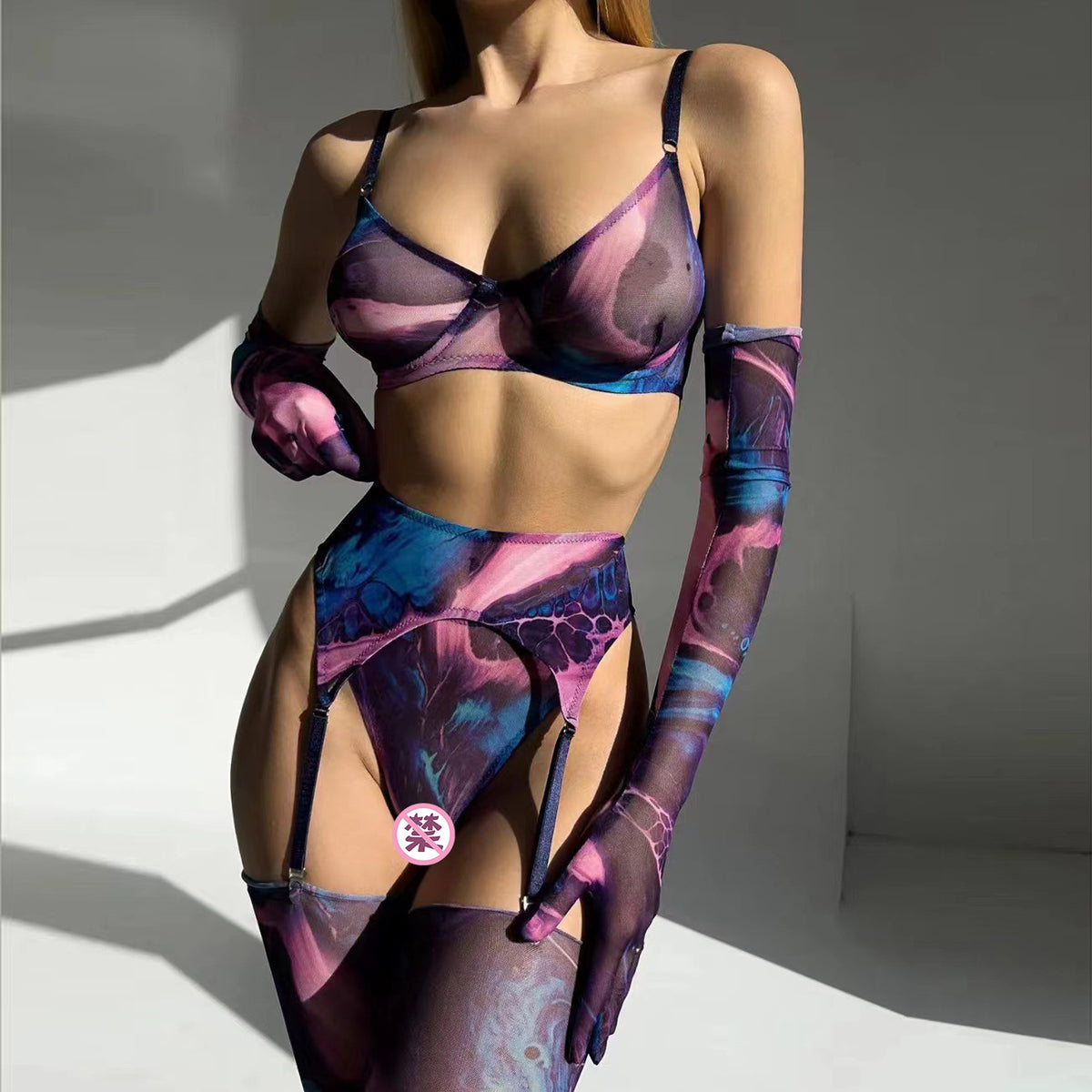 Abstract Print Mesh Five-Piece Lingerie Set - Garter and Gloves