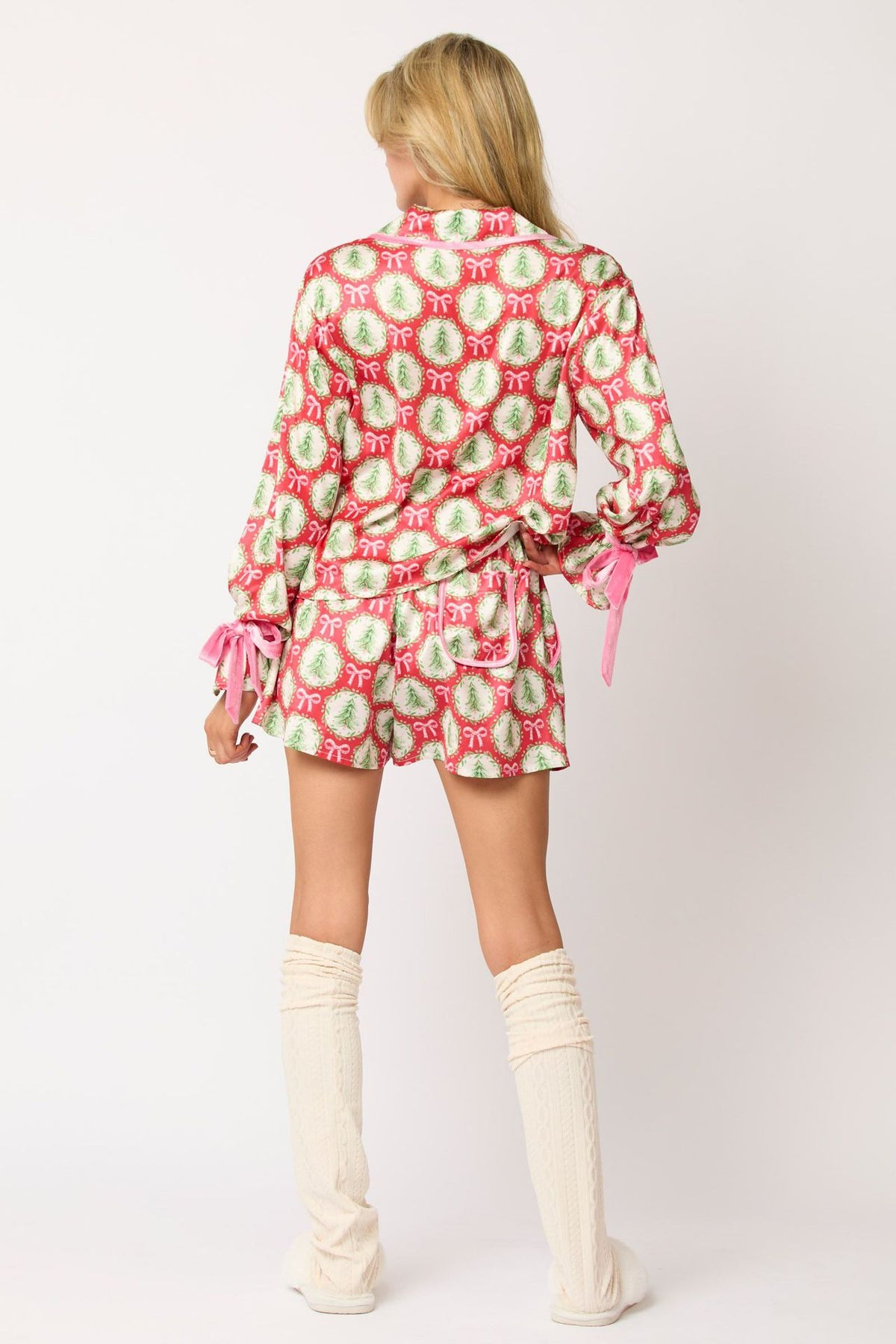 Christmas Pajama Shorts Set - Button Front and Sleeve Bows
