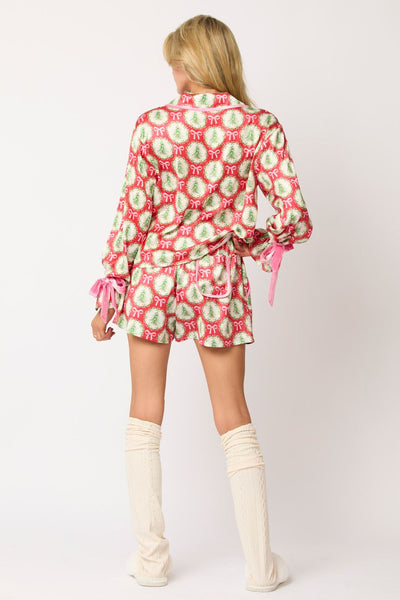 Christmas Pajama Shorts Set - Button Front and Sleeve Bows