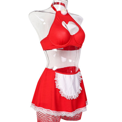 Red Heart Cutout Christmas Lingerie - Lace Trim Mini Skirt Set