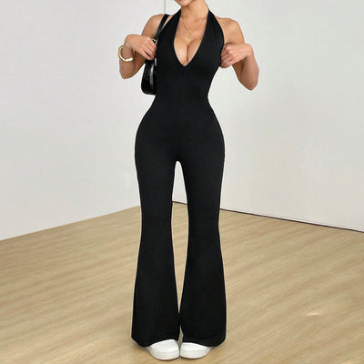 Black Halter Flare Jumpsuit - Deep V Open Back