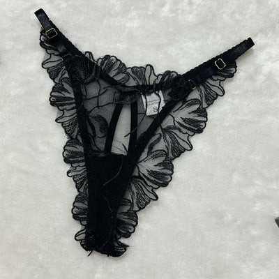 Black sheer floral lace thong with bow detail and adjustable garter straps