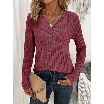Ribbed V-Neck Tunic - Slim Fit Button-Down Top