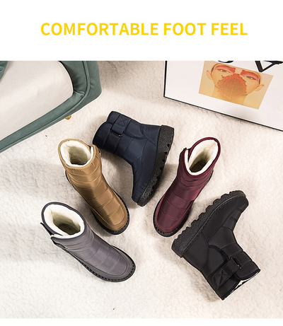 Set of winter ankle boots in navy, black, beige, grey, and dark red, top view.