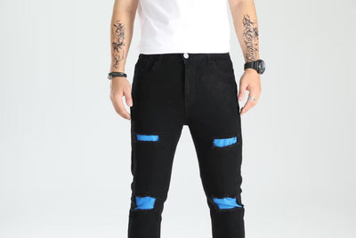 Men's Ripped Skinny Jeans - Contrast Patch Stretch Denim