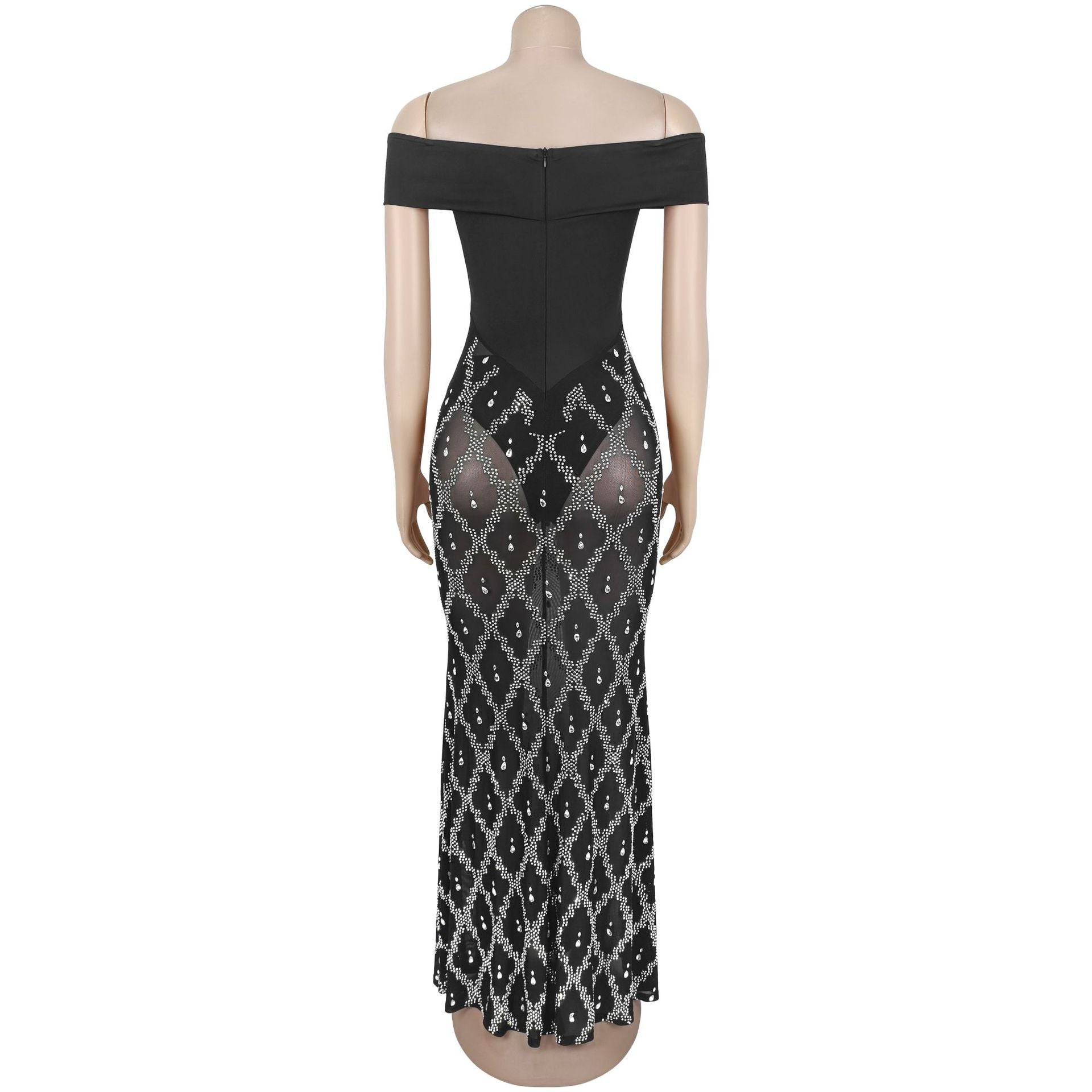 Black Off-Shoulder Sequin Mesh Maxi Gown - Diamond Lattice Crystal Skirt