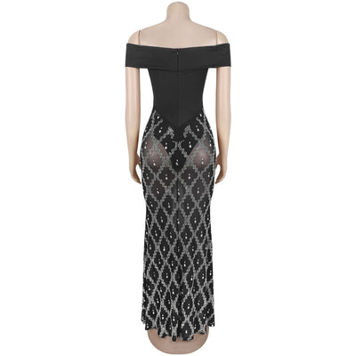 Black Off-Shoulder Sequin Mesh Maxi Gown - Diamond Lattice Crystal Skirt
