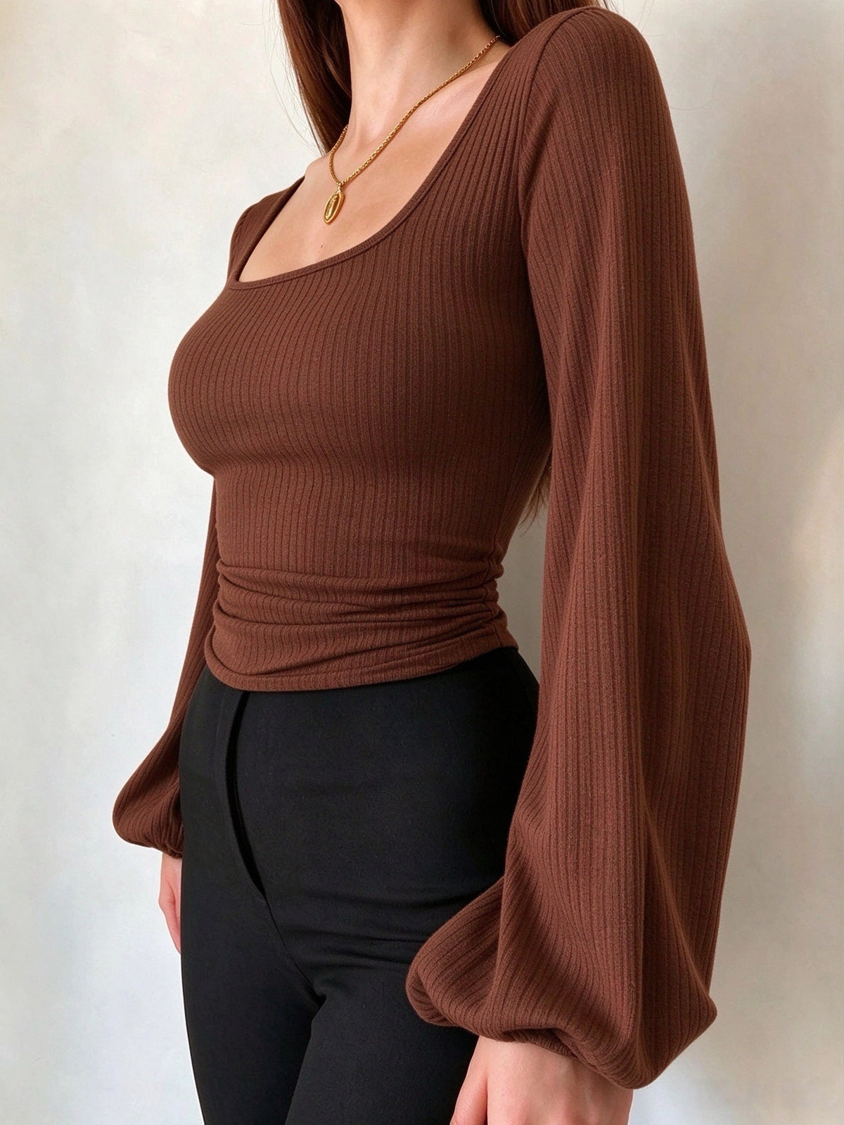 Rust brown ribbed knit square-neck slim-fit long-sleeve top with lantern sleeves