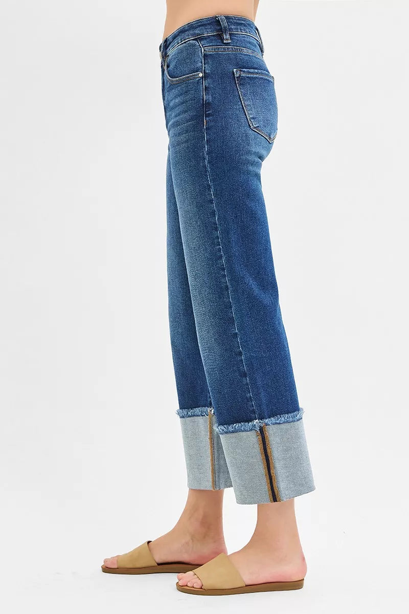 RISEN Full Size Mid Rise Crop Wide Wide Cuffed Jeans Plus Size - Fashions Envy