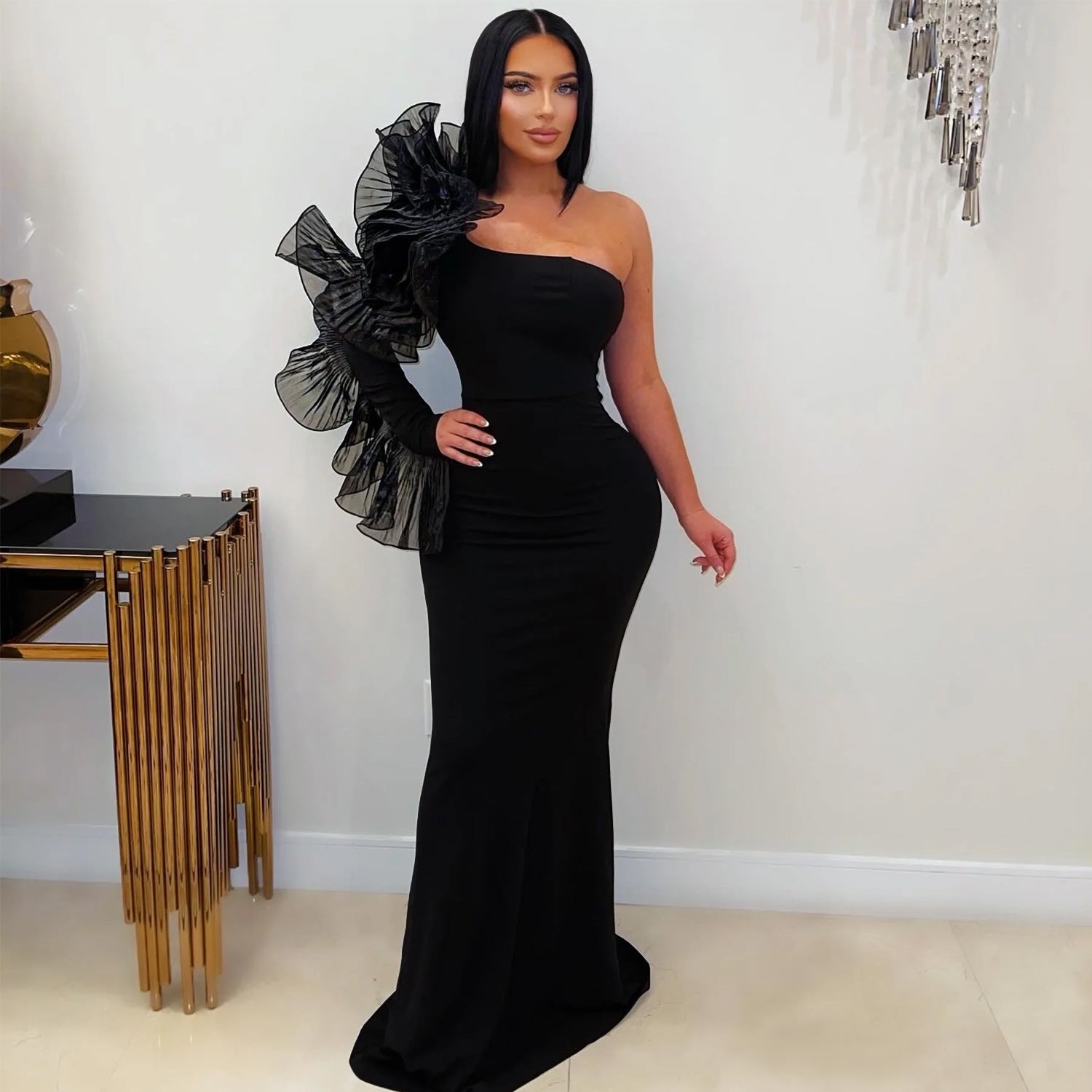 Single Ruffle Sleeve Fitted Dress - Elegant Fashion Gown