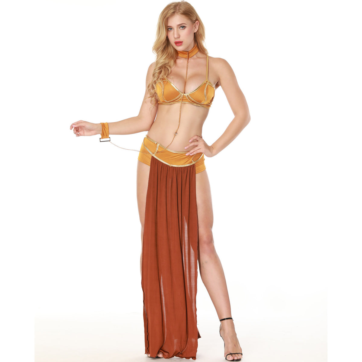 Velvet slave princess costume set with gold halter bra and brown draped slit skirt