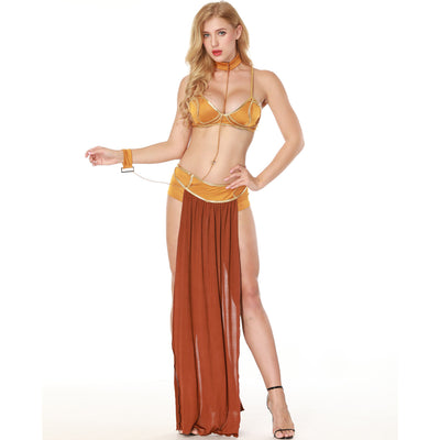 Velvet slave princess costume set with gold halter bra and brown draped slit skirt