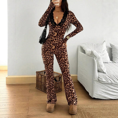 Leopard Lace Trim V-Neck Jumpsuit - Long Sleeve Flare Leg