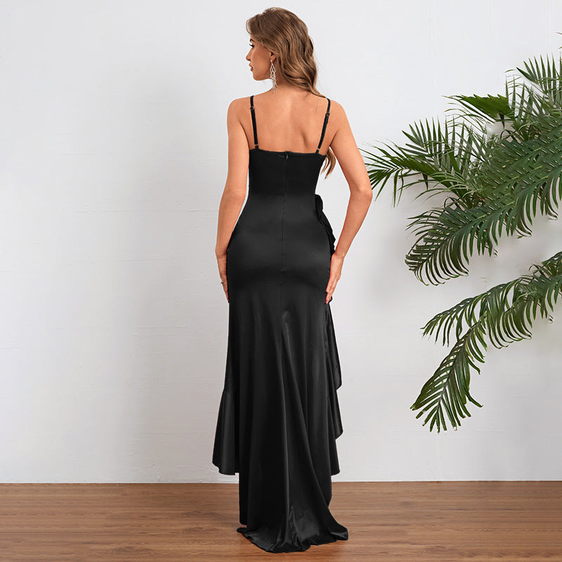 Satin Ruffle Hem Maxi Dress - Spaghetti Strap Asymmetric Slit Gown