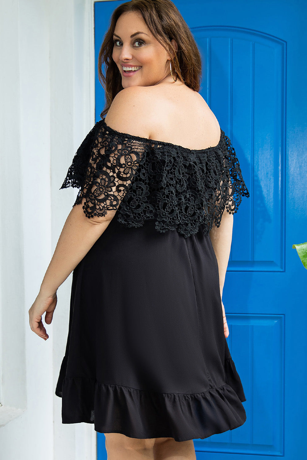Black Off-the-shoulder Lace Sleeves Plus size Dress