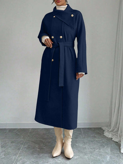 Double-Breasted Long Coat - Waist Tie & Wide Lapels
