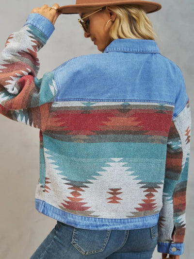 Geometric Dropped Shoulder Denim Jacket - Oversized Style - Fashions Envy