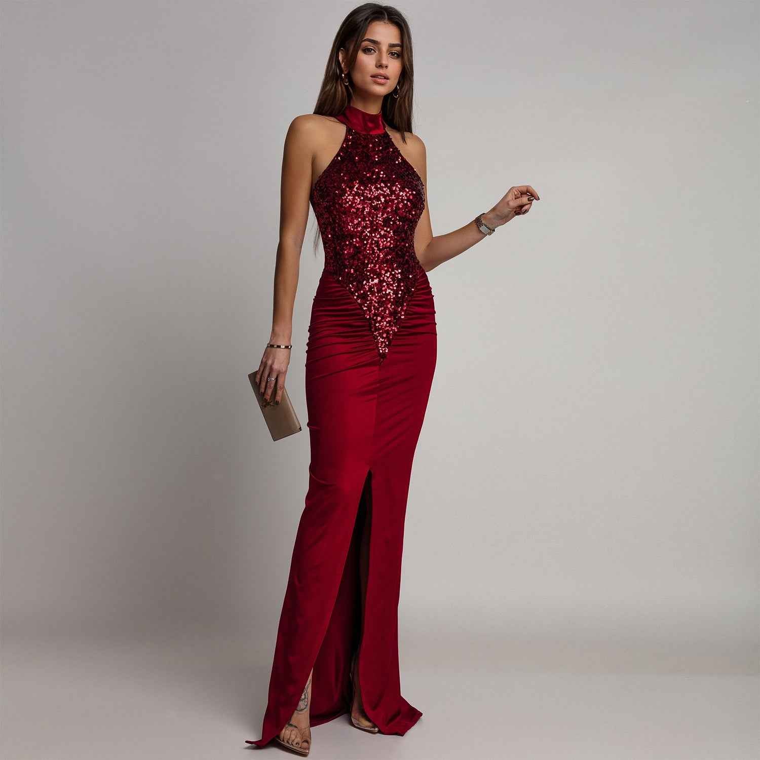 Sequin Velvet Split Maxi Dress - Bodycon Prom Gown