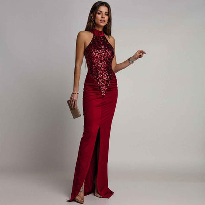 Sequin Velvet Split Maxi Dress - Bodycon Prom Gown